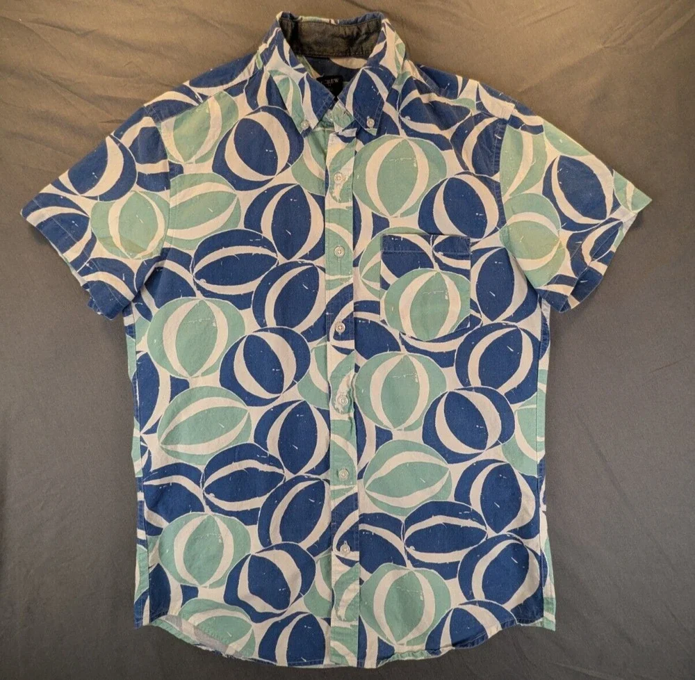 J. Crew Shirt Mens Small Button Down Blue Short Sleeve All Over Print Coastal